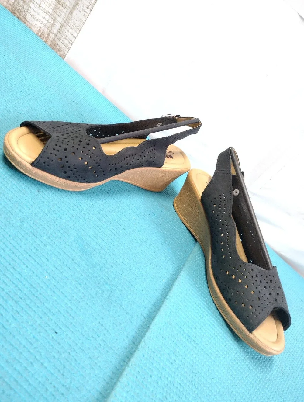 Spring Step Wedge Black Perforated Slingback Sandals Peep Toe - 9